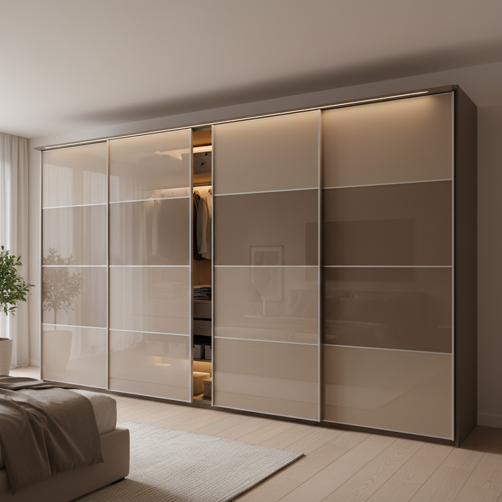 Modern Beige and Brown Sliding 4-Door Wardrobe
