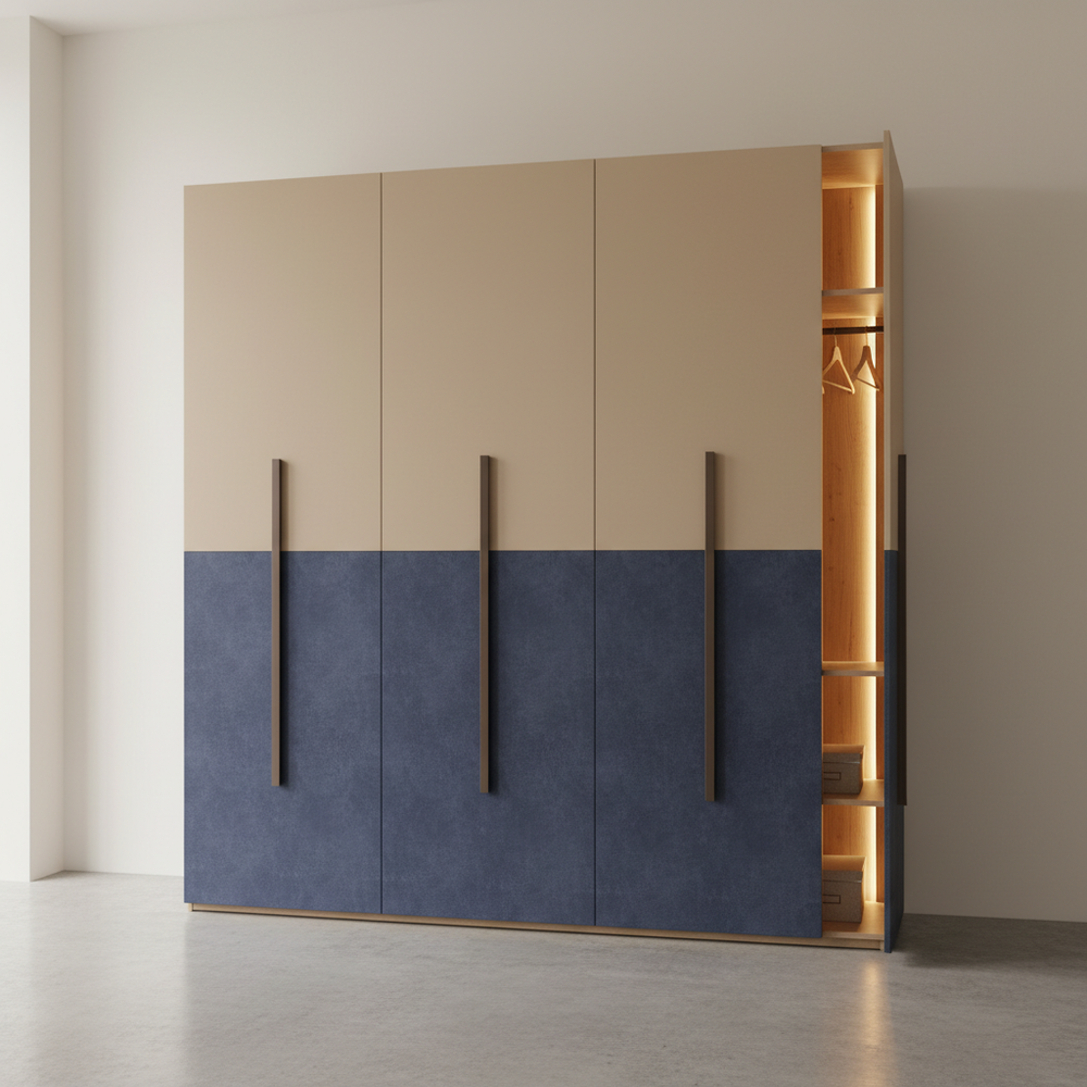 Modern Beige & Denim 3-Door Swing Wardrobe Design