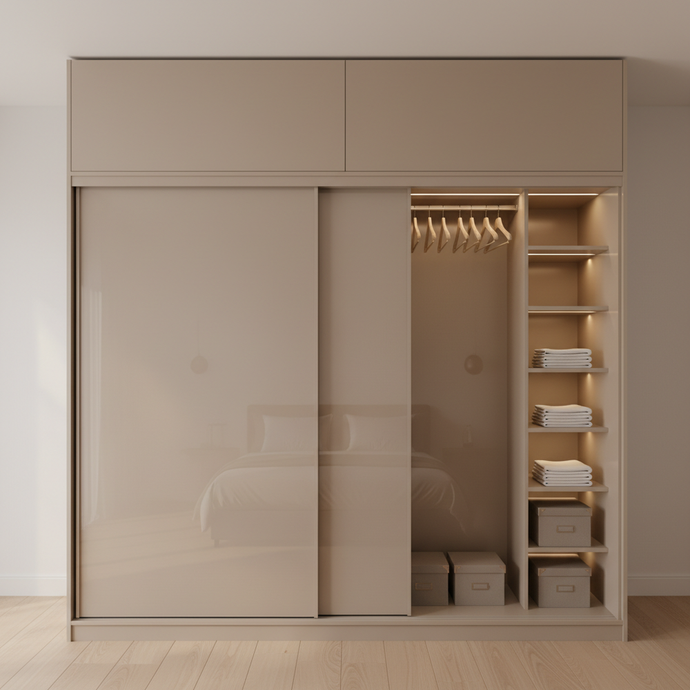 Modern Beige Glossy 2-Door Sliding Wardrobe with Loft