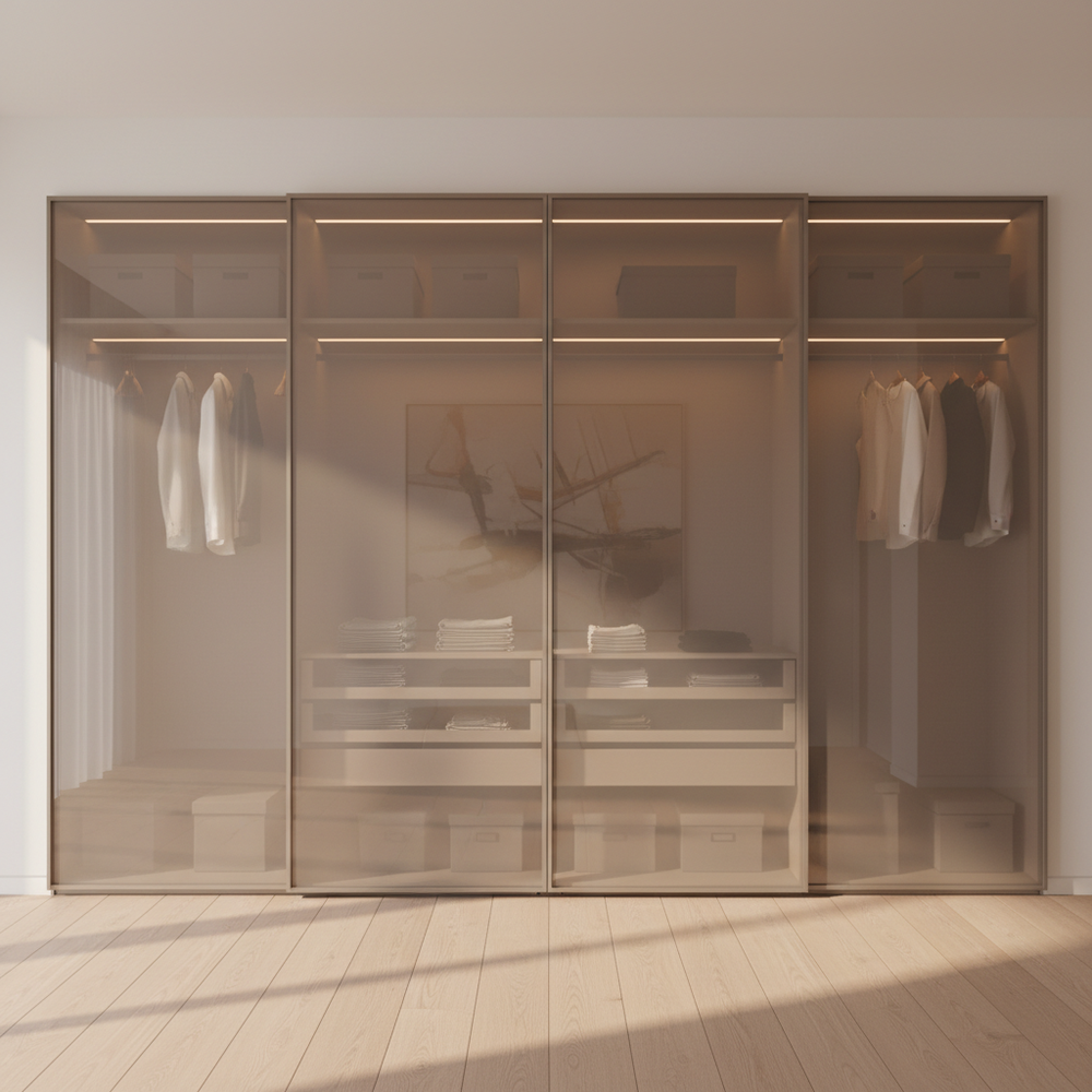 Modern Beige Sliding Door Wardrobe with Lacquered Glass