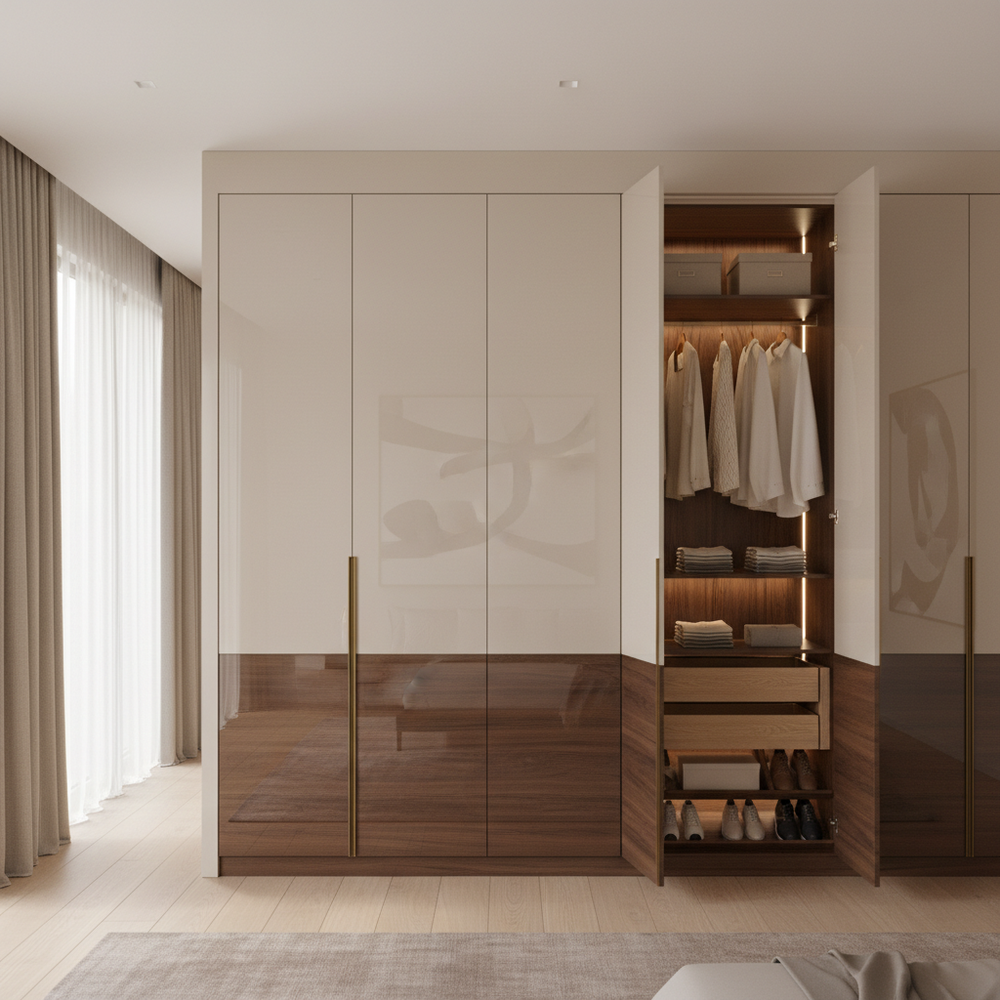 Modern Beige & Wood 6-Door Swing Wardrobe with Glossy Finish