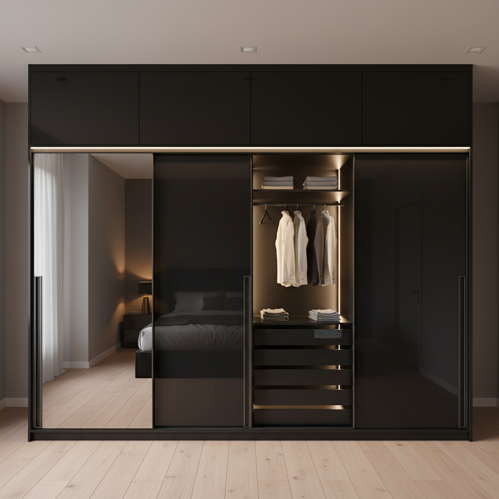 Modern Black 5-Door Sliding Wardrobe Design with Mirror