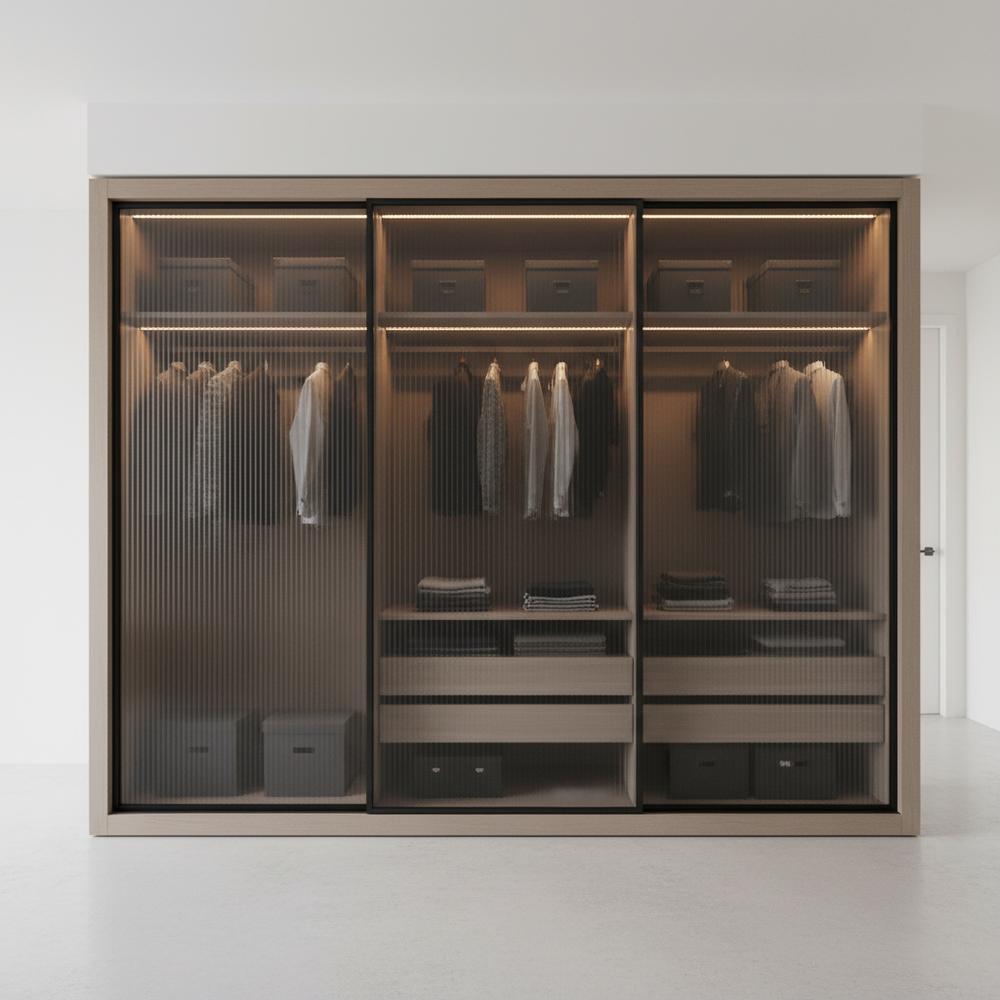 Modern Black Fluted Glass 3-Door Sliding Wardrobe Design