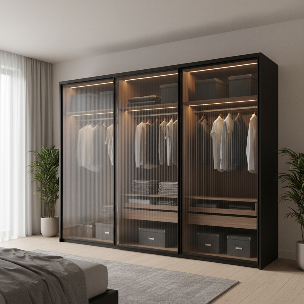 Modern Black & Fluted Glass Sliding 3-Door Wardrobe