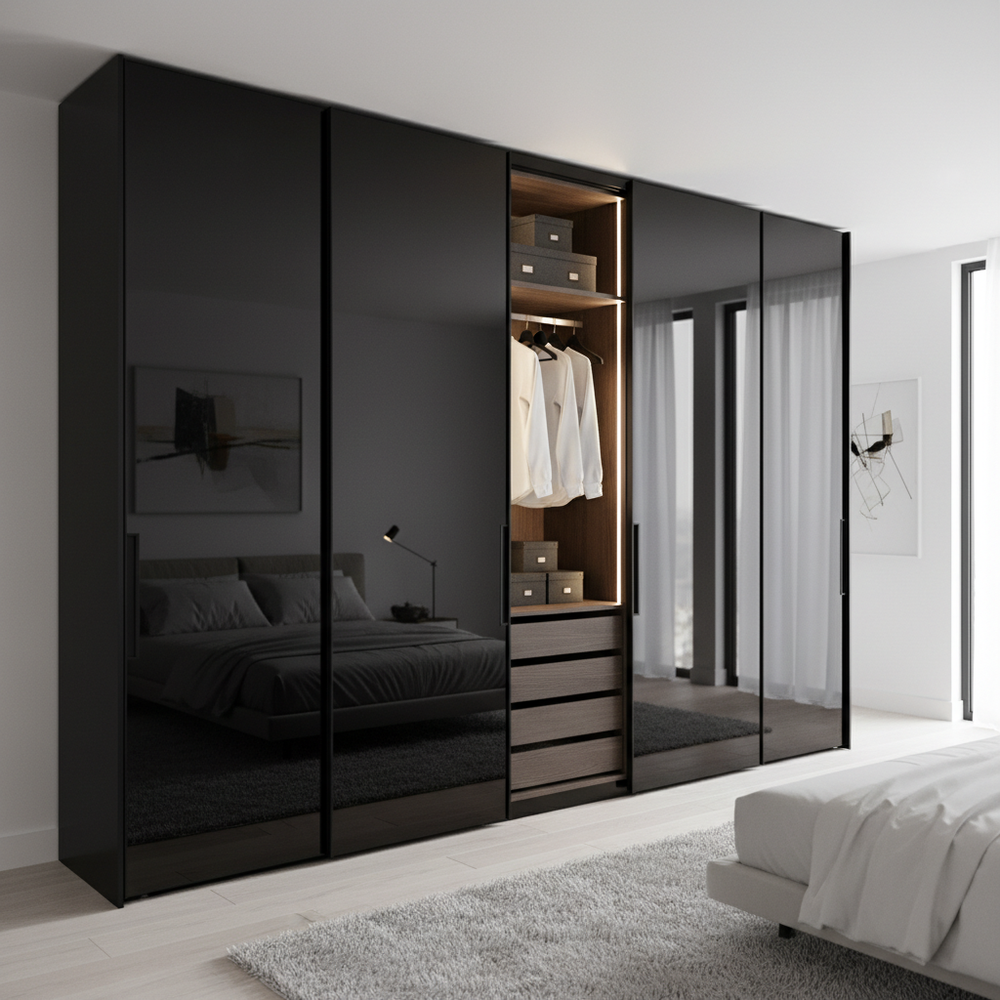 Modern Black Glossy Sliding Door Wardrobe Design