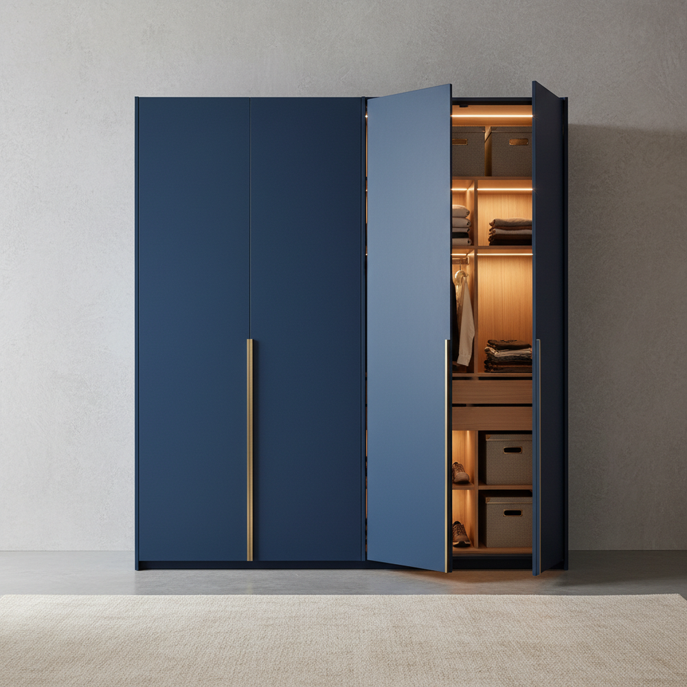 Modern Blue 2-Door Swing Wardrobe Design in Suede Finish