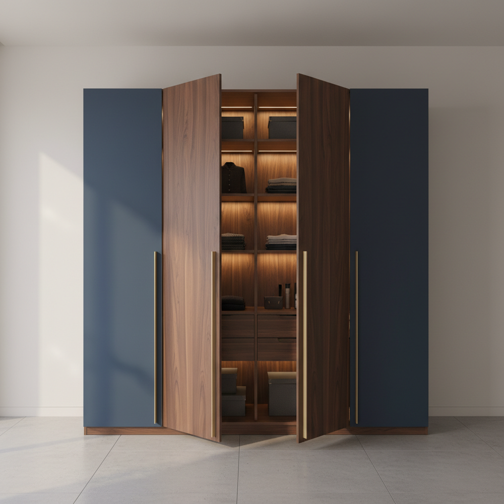 Modern Blue And Wood 4-Door Swing Wardrobe Design