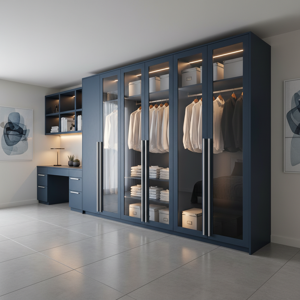Modern Blue Glass 6-Door Swing Wardrobe Design