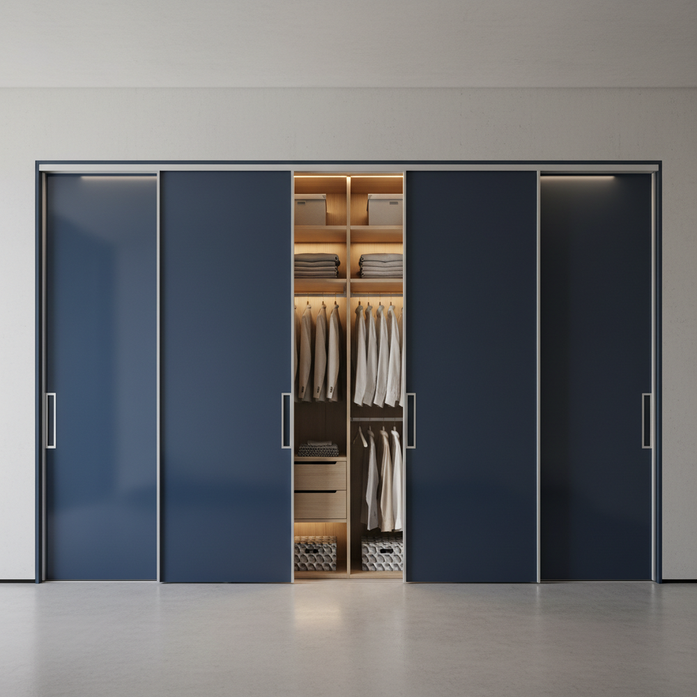 Modern Blue Sliding 4-Door Wardrobe Design
