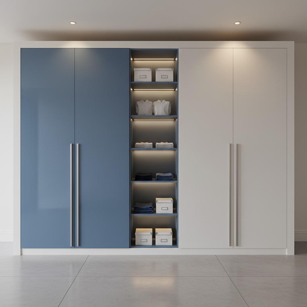 Modern Blue & White 4-Door Hinged Wardrobe with Open Shelves