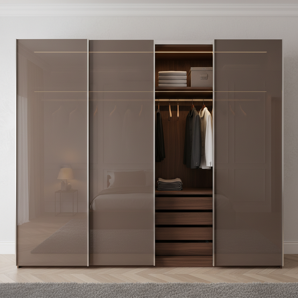Modern Brown Lacquered Glass 2-Door Sliding Wardrobe