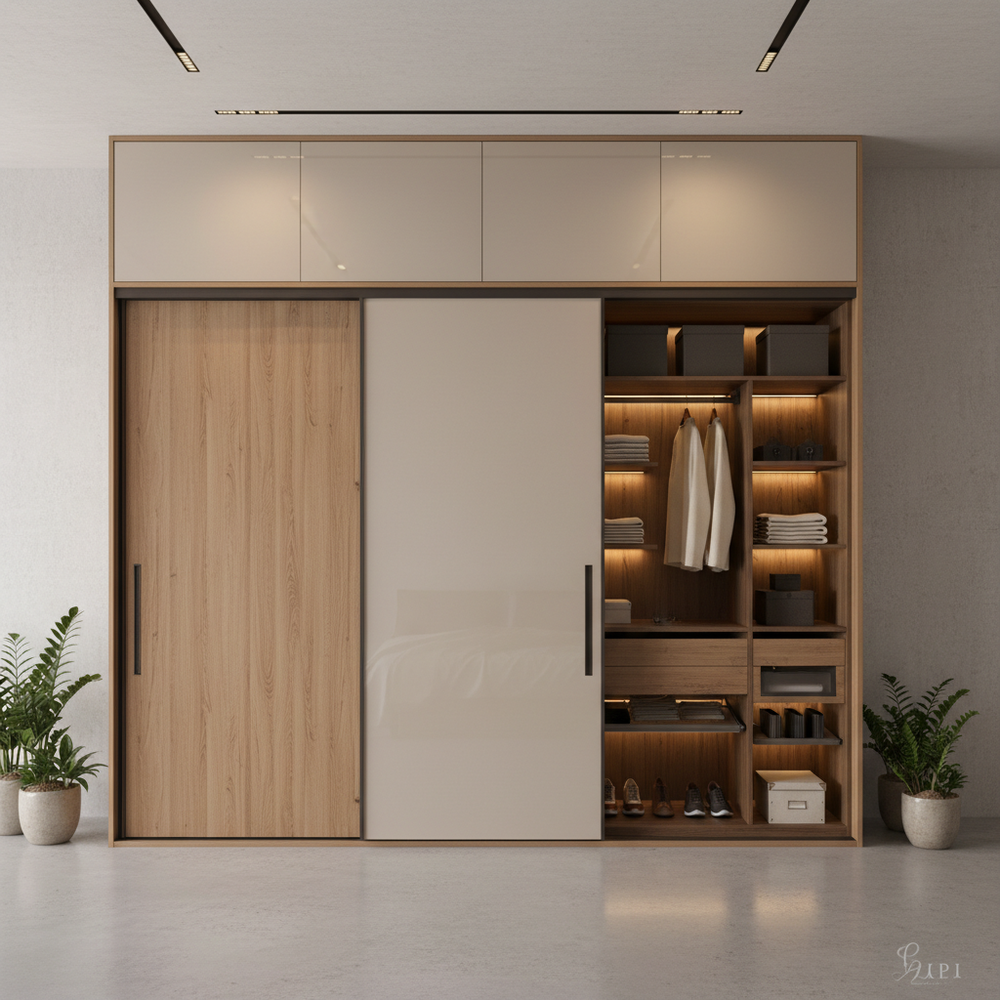 Modern Champagne & Acacia 3-Door Sliding Wardrobe