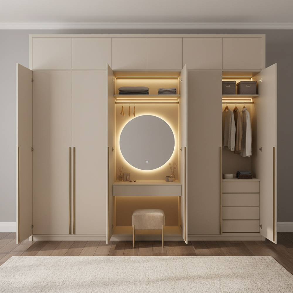 Modern Champagne Swing 4-Door Wardrobe With Dressing Table