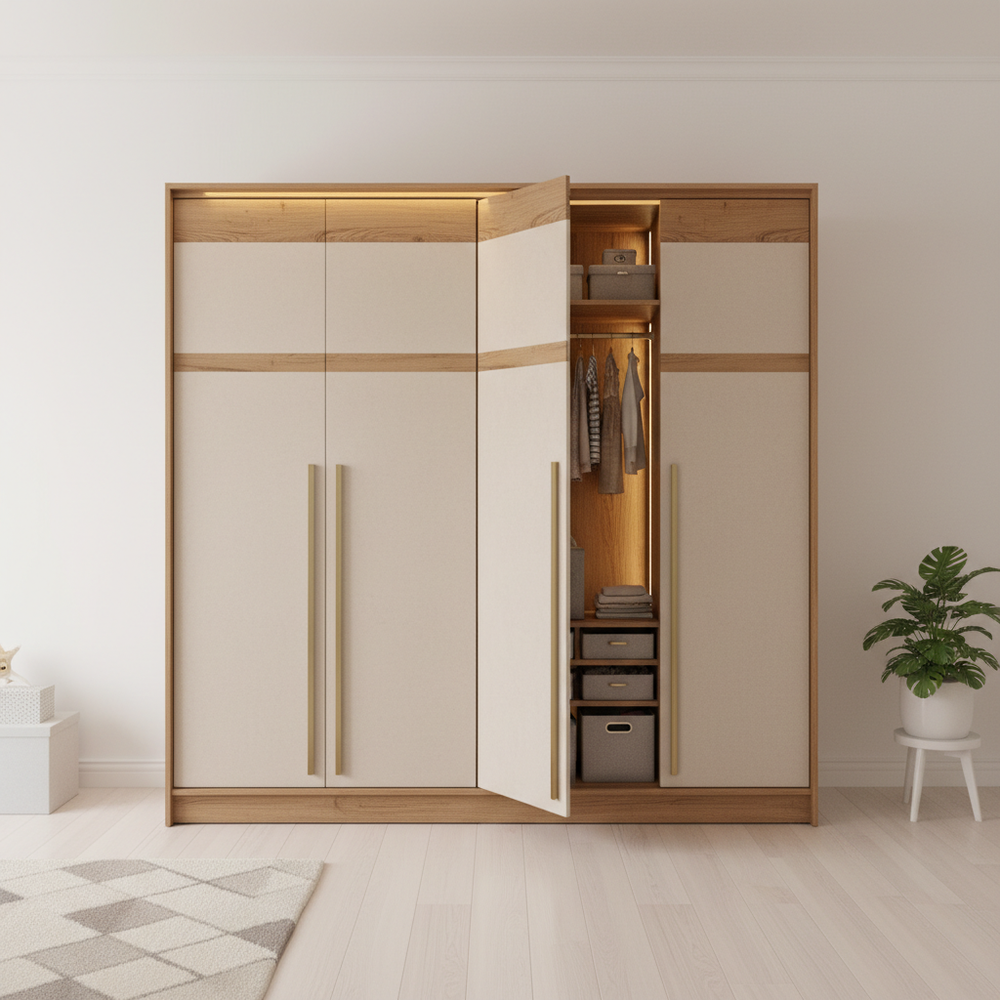 Modern Champagne & Teak 3-Door Swing Wardrobe for Kids