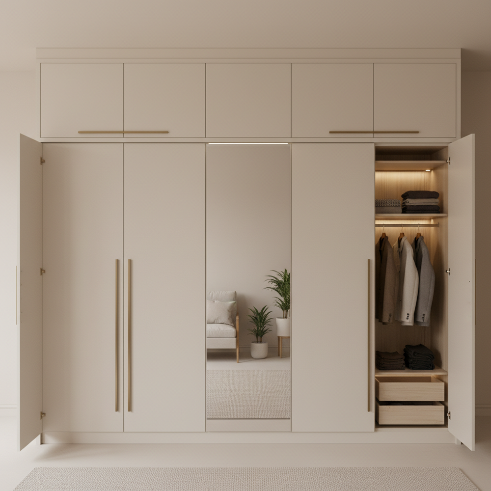 Modern Cream 5-Door Swing Wardrobe Design With Mirror