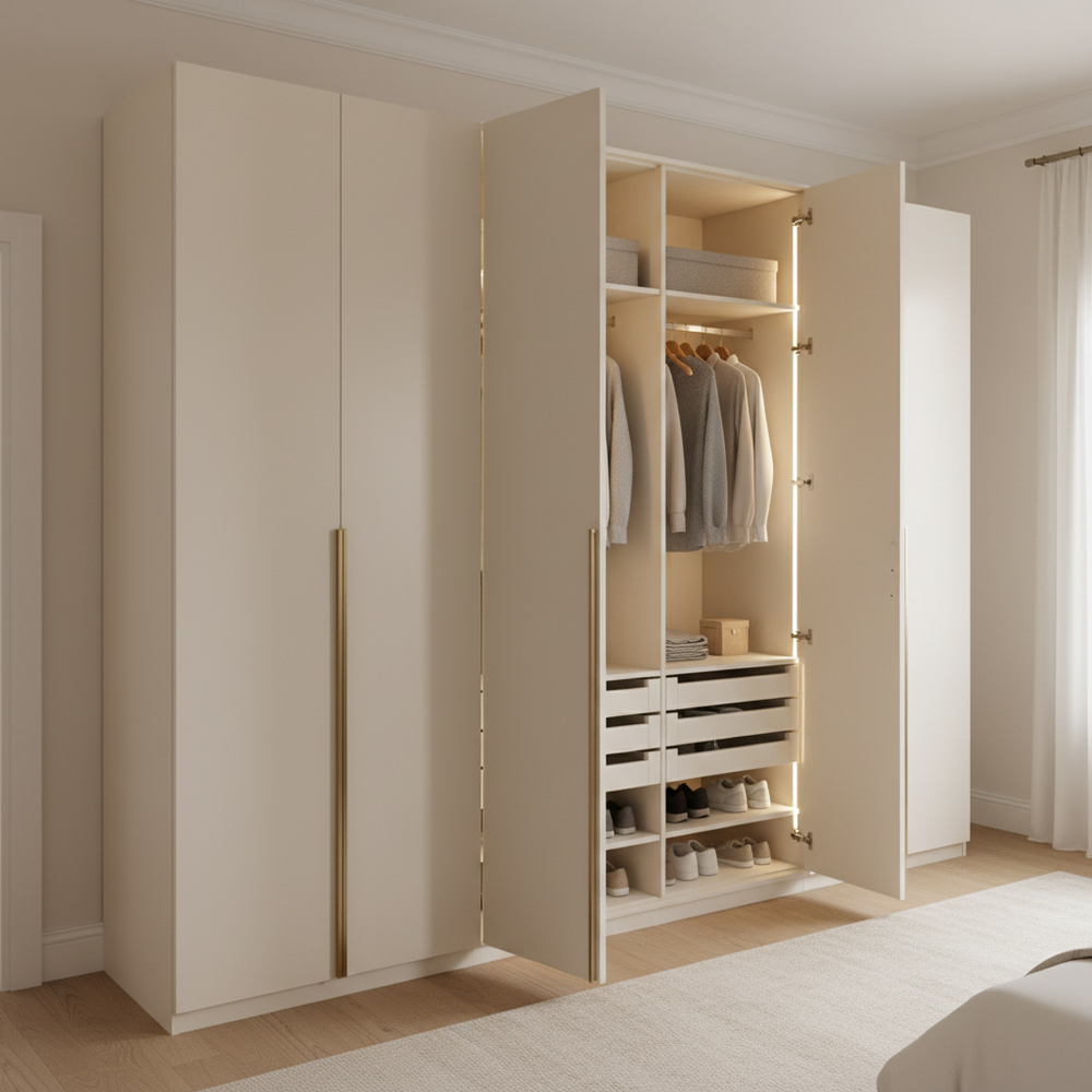 Modern Cream Four-Door Hinged Wardrobe | Sleek Vertical Storage