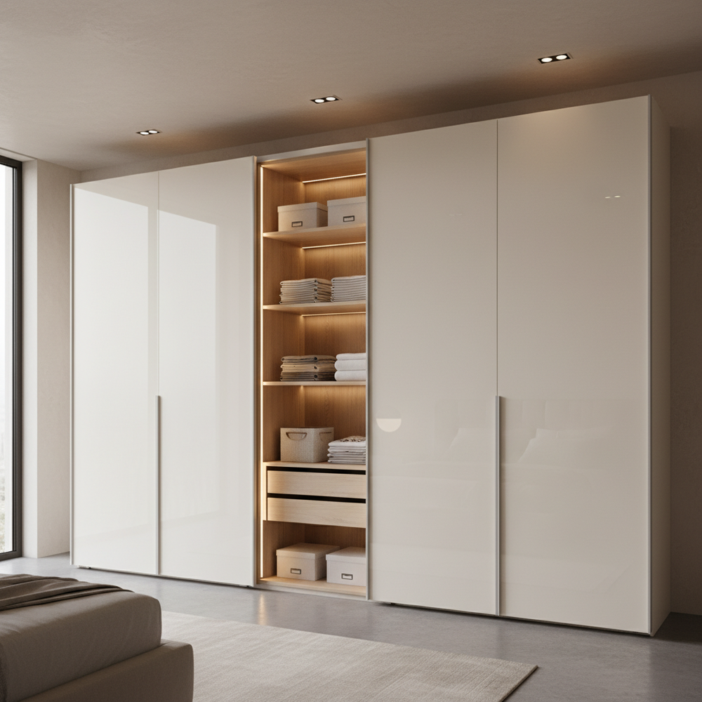 Modern Cream Sliding 4-Door Wardrobe Design