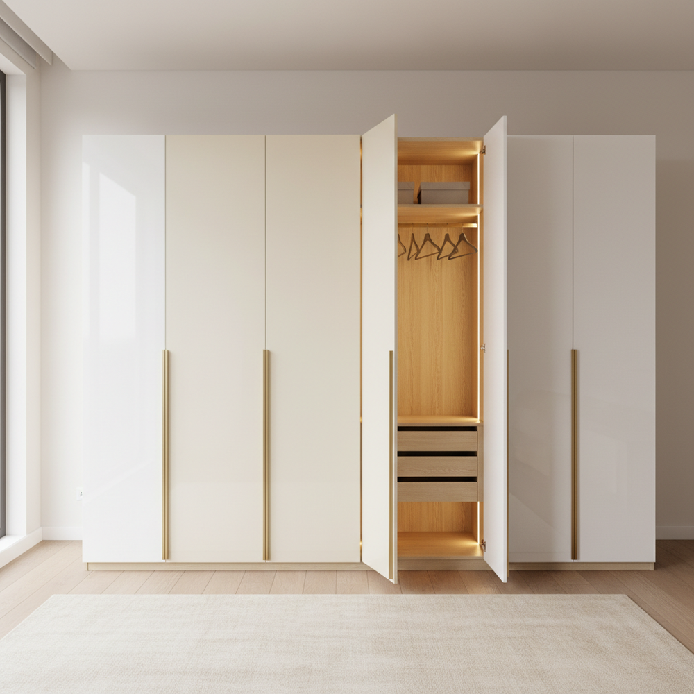 Modern Cream & White 4-Door Swing Wardrobe Design
