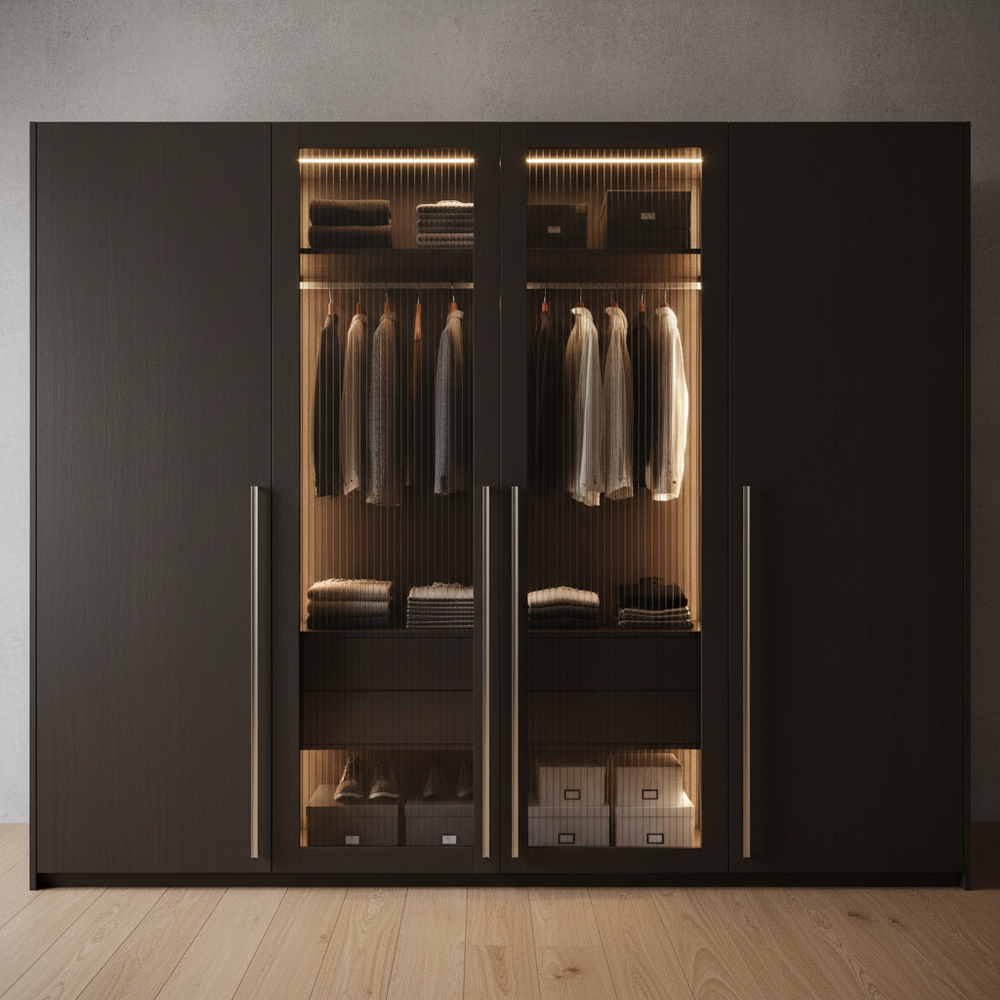 Modern Dark Wood 4-Door Swing Wardrobe with See-Through Shutters Design