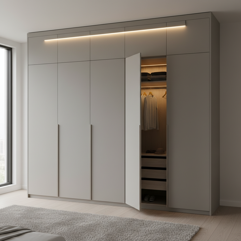 Modern Dove Grey 4-Door Swing Wardrobe with Loft
