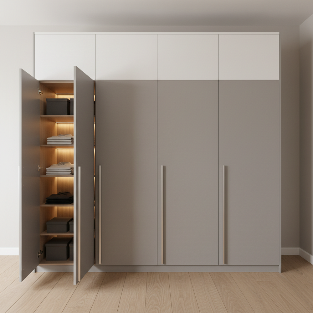 Modern Dove Grey & White 4-Door Swing Wardrobe with Loft
