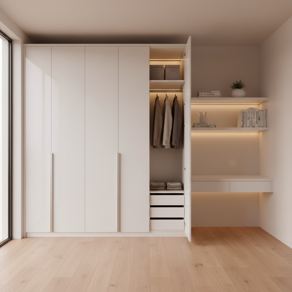 Modern Frosty White 3-Door Swing Wardrobe with Study Table