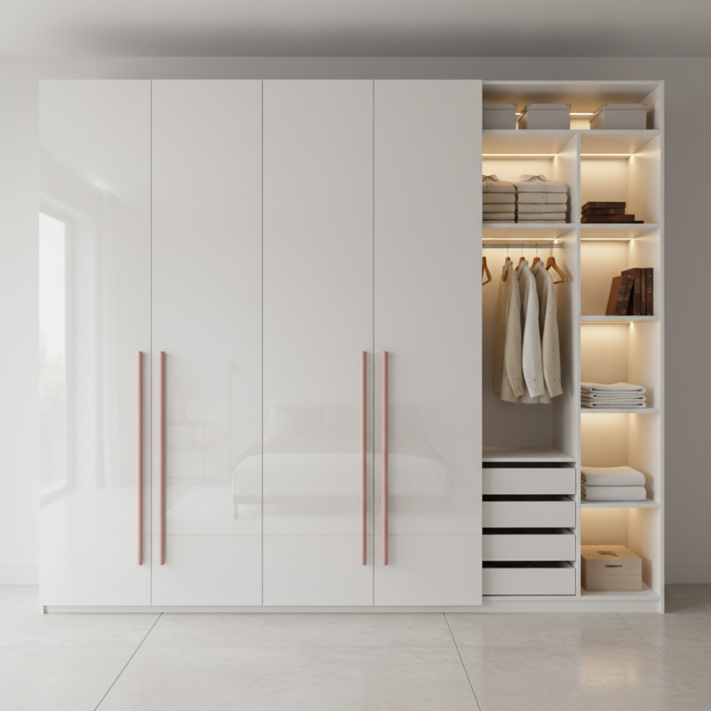 Modern Frosty White 4-Door Swing Wardrobe Design With Pink Handles And Open Storage