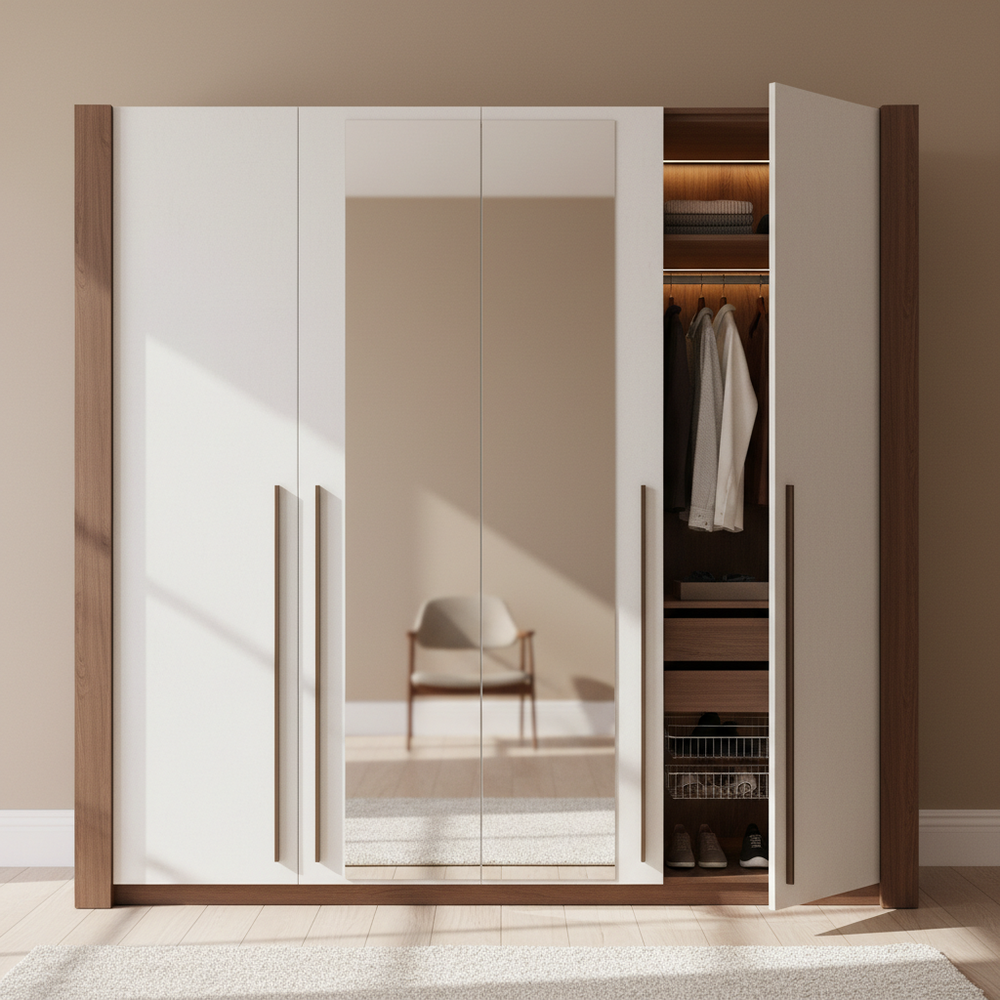 Modern Frosty White 4-Door Swing Wardrobe with Mirror