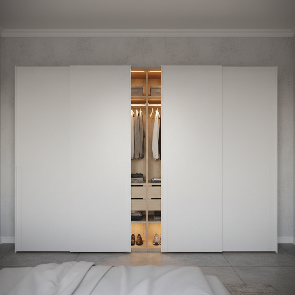 Modern Frosty White Sliding 4-Door Wardrobe Design