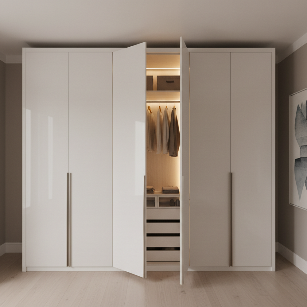 Modern Frosty White Swing 5-Door Wardrobe Design