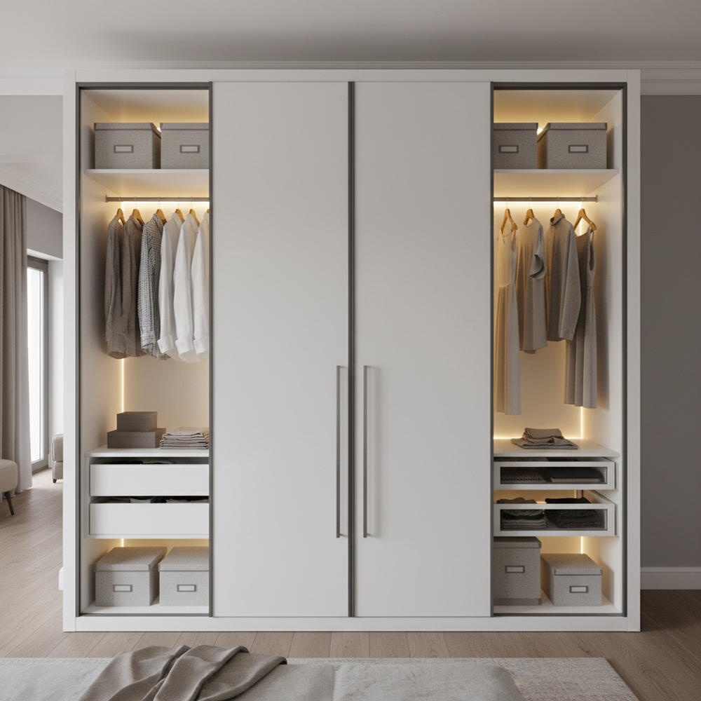 Modern Glossy White Swing Door Bedroom Wardrobe Design