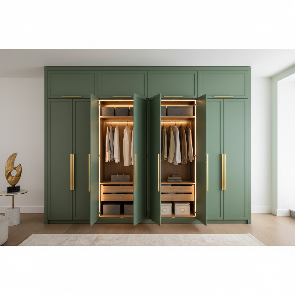 Modern Green 4-Door Hinged Wardrobe with Gold Accents