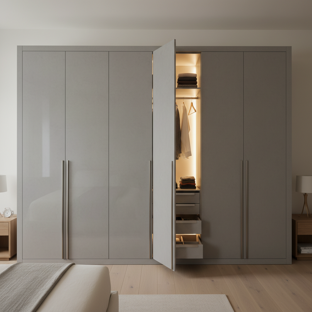Modern Grey 4-Door Hinged Wardrobe: Floor-to-Ceiling Design