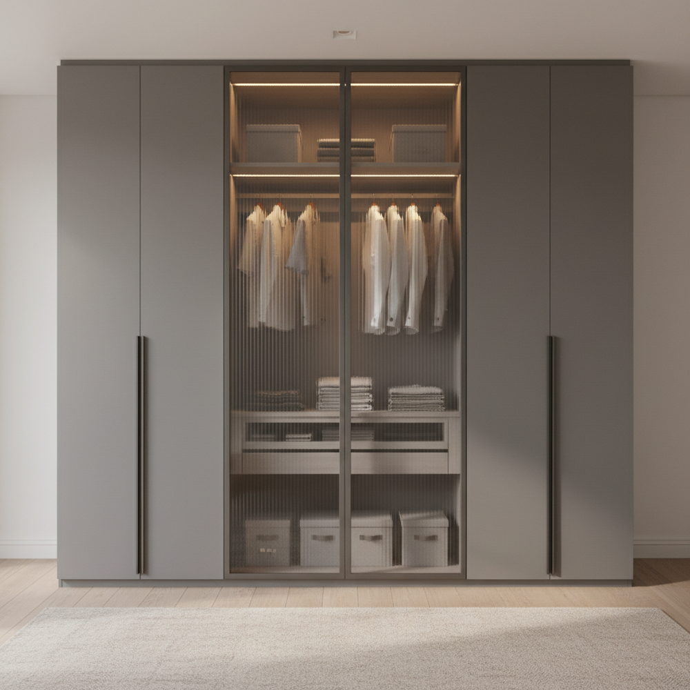 Modern Grey 4-Door Swing Wardrobe with Glass