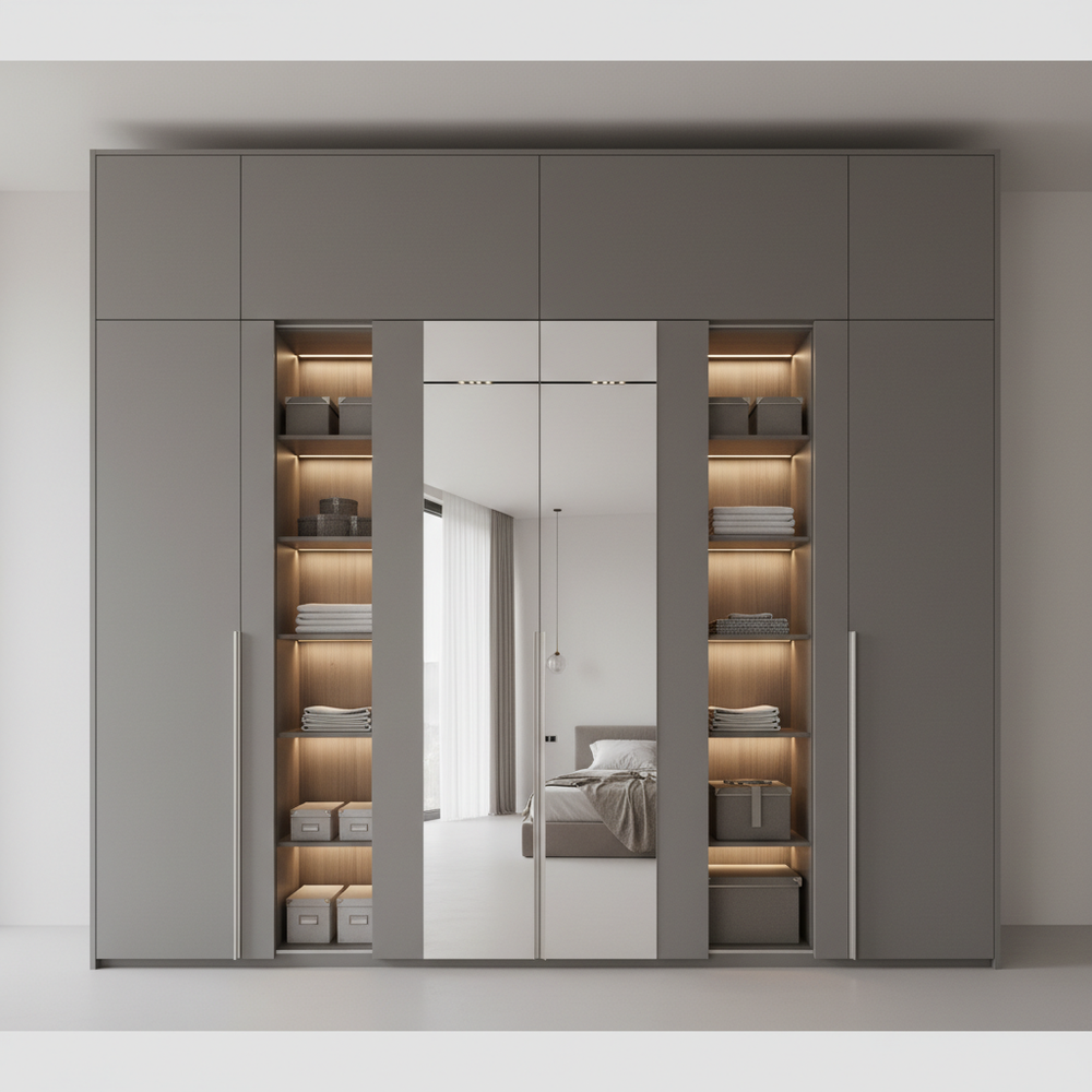 Modern Grey 4-Door Swing Wardrobe with Mirror and Frosted Glass