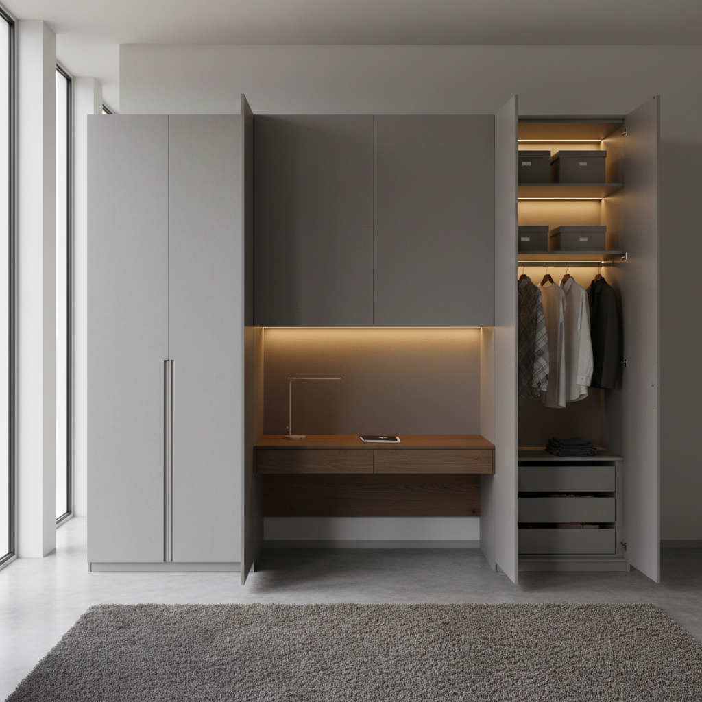 Modern Grey 4-Door Swing Wardrobe with Study Table