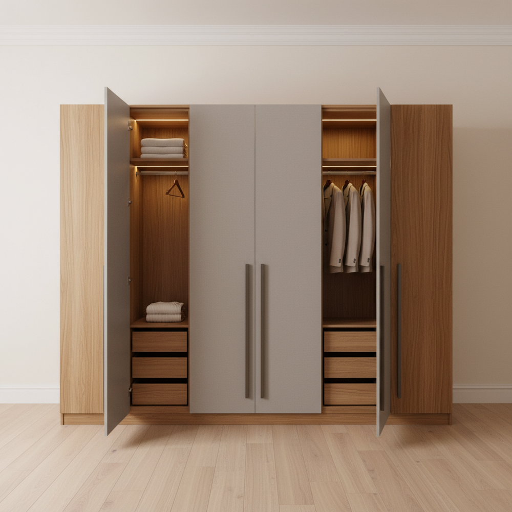 Modern Grey & Acacia 4-Door Swing Wardrobe Design