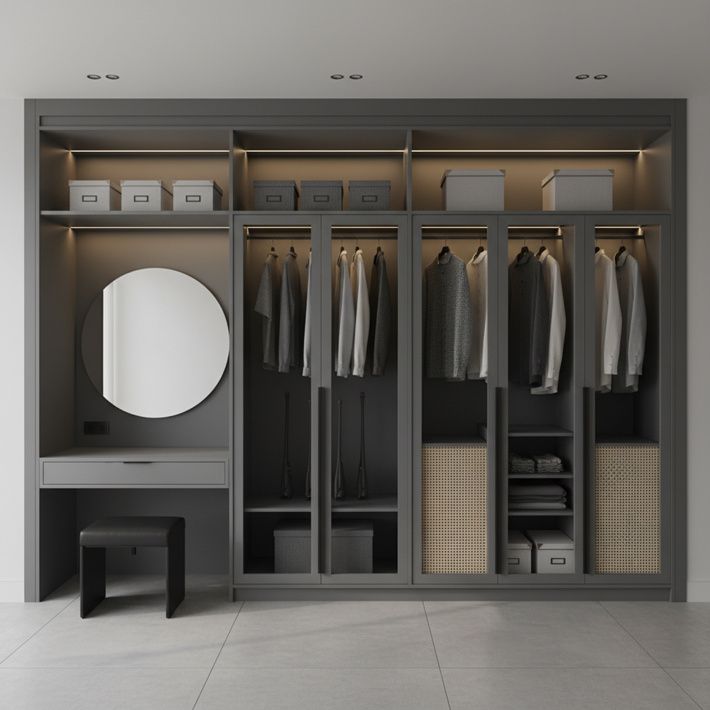 Modern Grey Cane Swing Wardrobe with Dressing Table