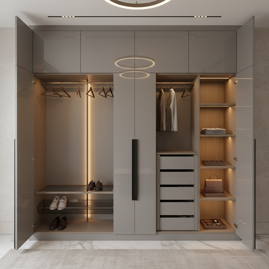 Modern Grey High-Gloss 2-Door Wardrobe Design