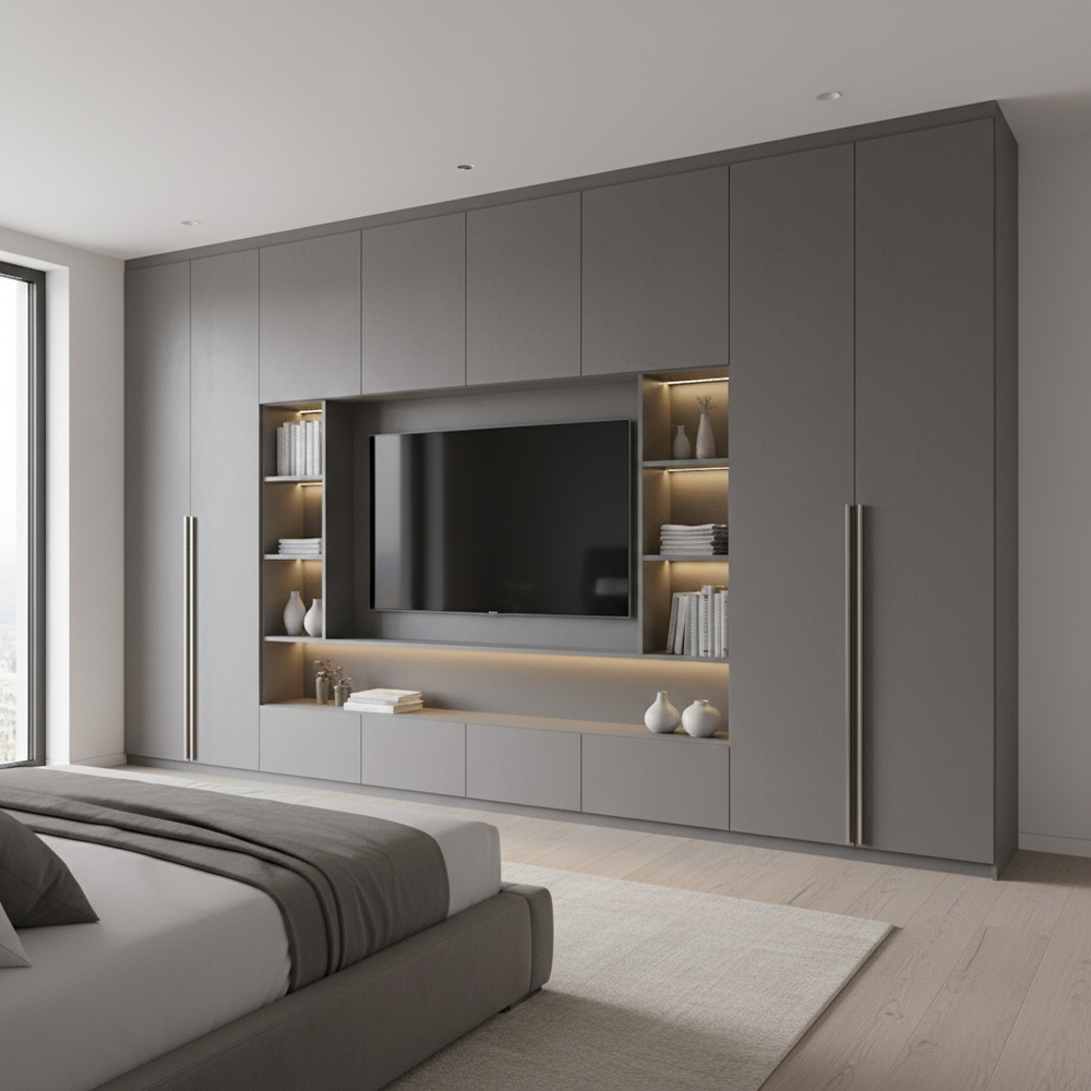 Modern Grey Hinged Wardrobe with Integrated TV Unit Design