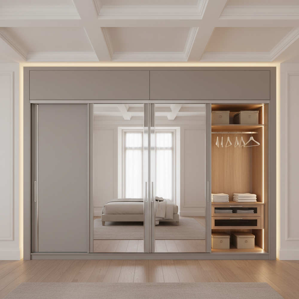 Modern Grey & Silver Sliding 4-Door Wardrobe with Mirror