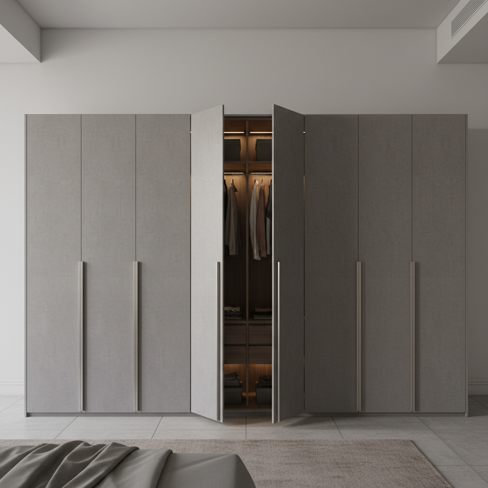 Modern Grey Suede 8-Door Swing Wardrobe Design
