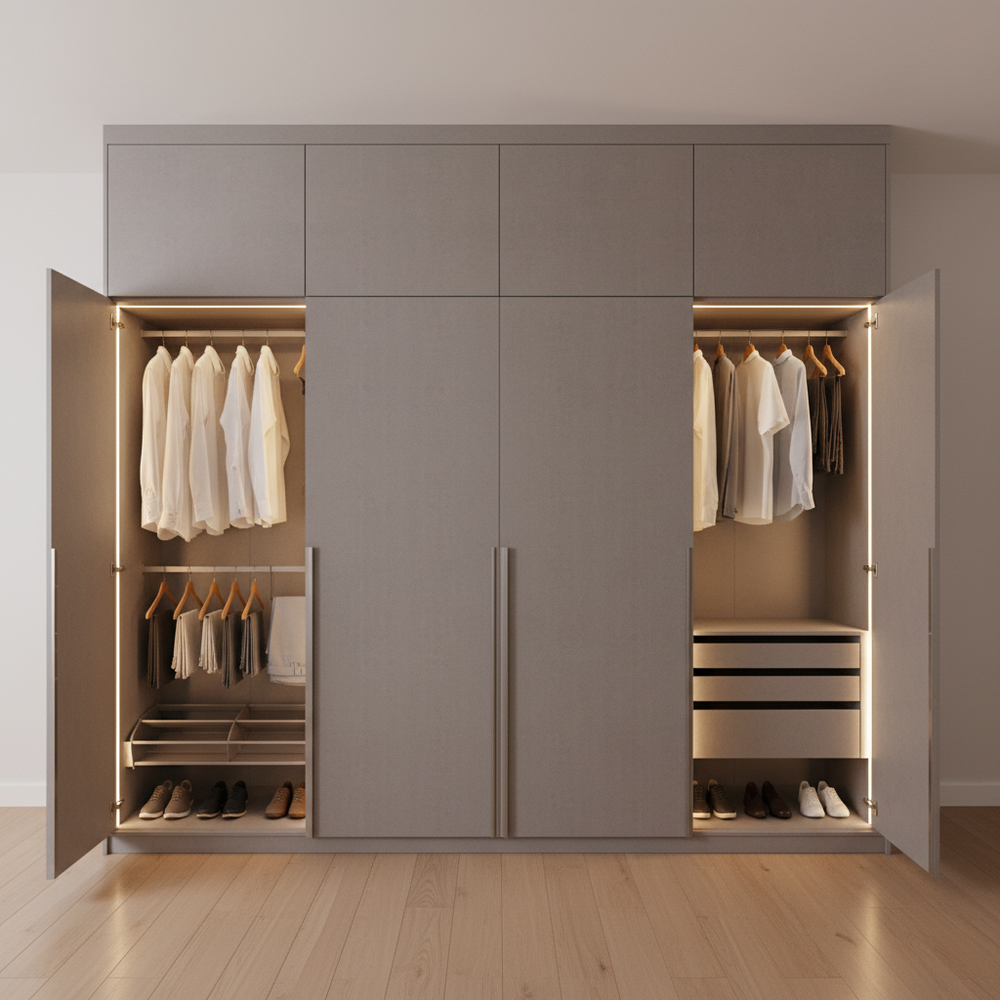 Modern Grey Swing Door Wardrobe with Loft Design