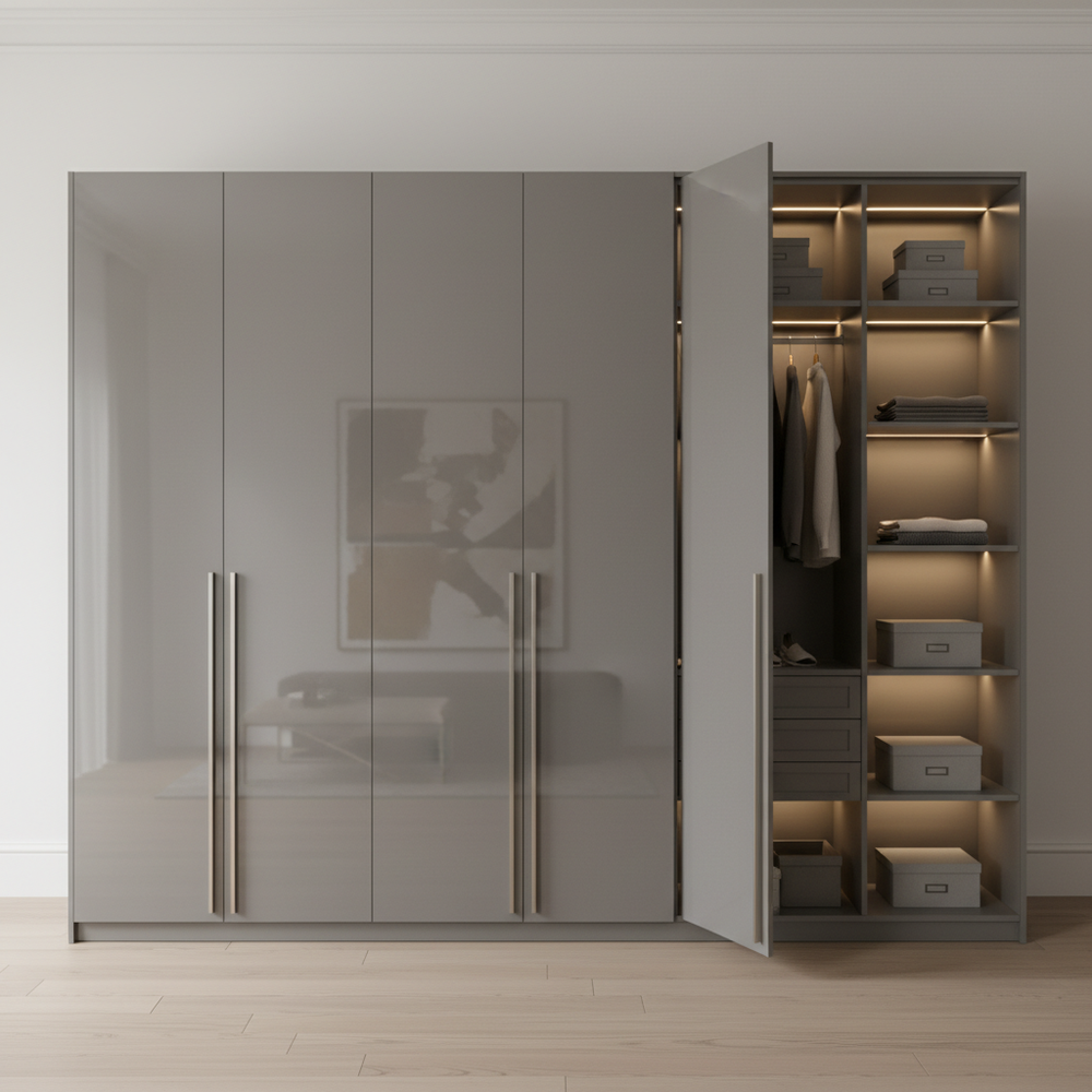 Modern Grey Swing Door Wardrobe with Open Shelves