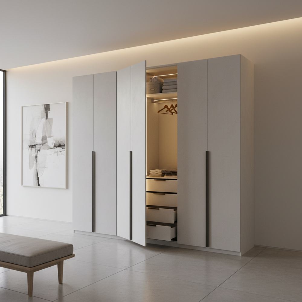 Modern Grey & White 3-Door Swing Wardrobe with Shelves