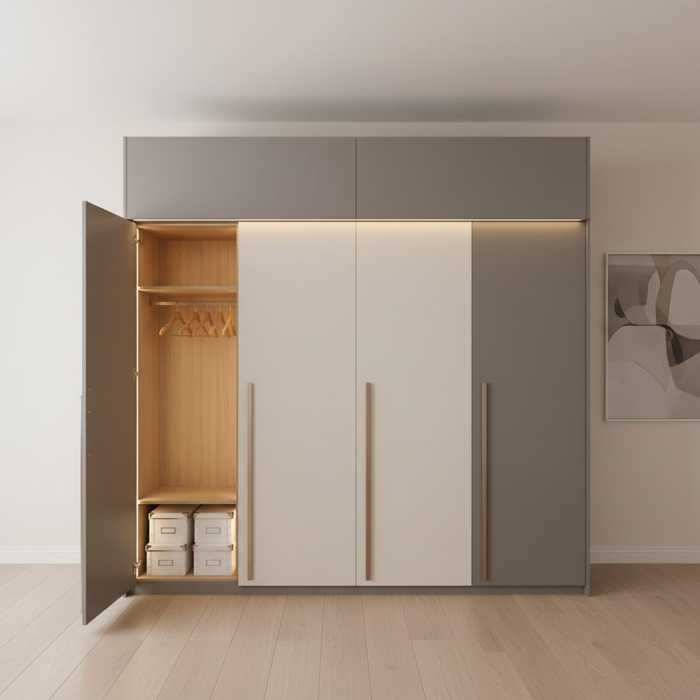 Modern Grey & White 4-Door Hinged Wardrobe Design