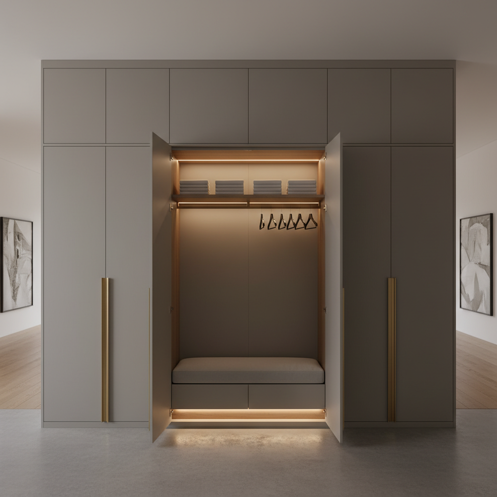 Modern Grey & White 4-Door Hinged Wardrobe with Seating