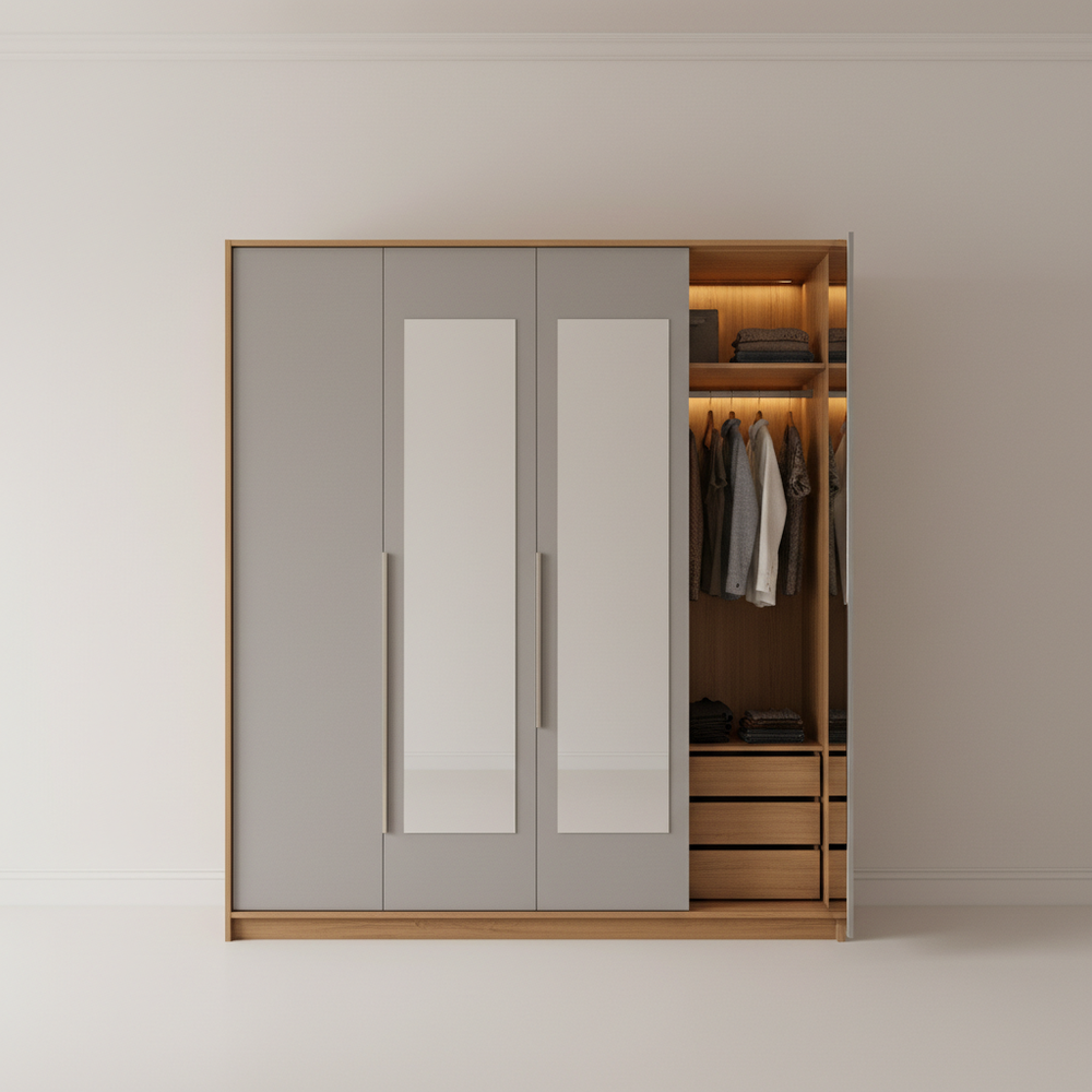 Modern Grey & Wood 4-Door Swing Wardrobe with Mirror Accent