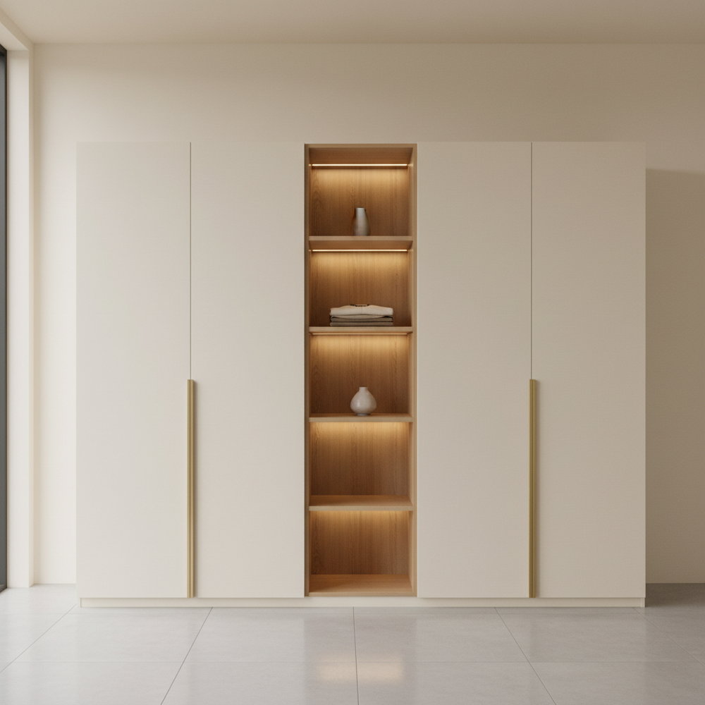 Modern Irish Cream 4-Door Swing Wardrobe with Open Shelves