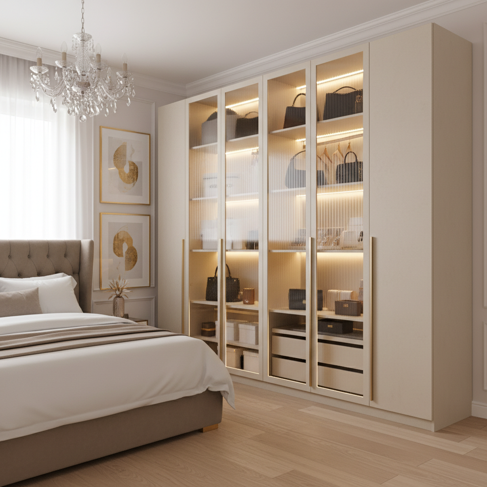 Modern Irish Cream 6-Door Swing Wardrobe with Glass Display
